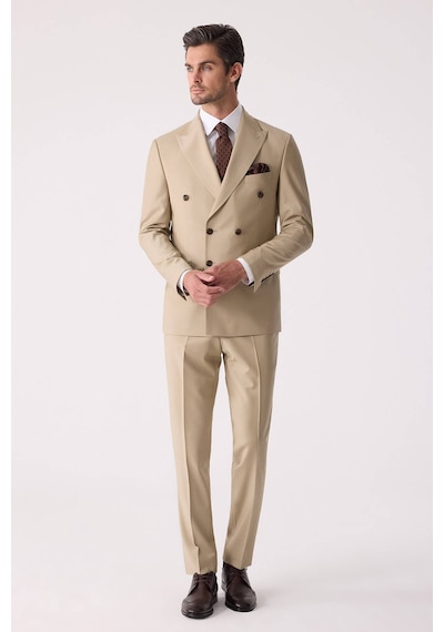 Erkek Bej Slim Fit Yün Kruvaze Takım Elbise