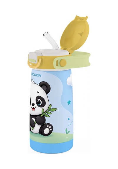 Puccon Çocuk Çelik Matara Termos 304 Paslanmaz Çelik Pipetli 420 Ml - Siyah Beyaz - Panda - 60042 Çok Renkli