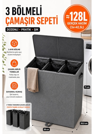 Esti 128 Litre 3 Bölmeli Kapaklı Çamaşır Sepeti - Taşınabilir İç Torba, Katlanabilir Geniş Hacimli Kirli Sepeti - 59x30,5x71 Cm Antrasit