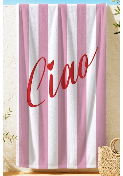 Pembe Çizgili Ciao Yazılı Plaj Havlusu - Modern Marine Stil Havuz Deniz Banyo Sahil Örtüsü Çok Renkli