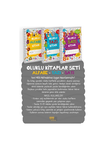 Oluklu Kitaplar 3 Lü Set - Alfabe Sayı Yazı - Yaz Sil Eğitim Kitabı - Sihirli Kalemli Okul Öncesi