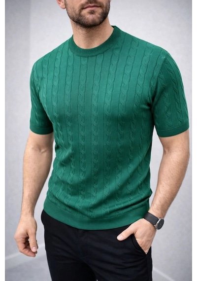 Erkek Yazlık Triko Dokuma Tişört Kısa Kol Bisiklet Yaka Örgü Desenli T-shirt - Haki