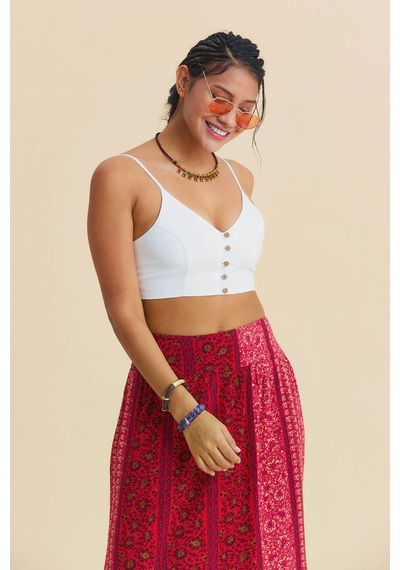 İnce Askılı Düğme Detaylı Crop Bluz Beyaz
