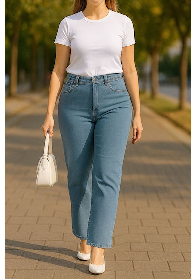Cedy Denim Cedy Denım - Kadın Büyük Benden Boru Paça Yüksek Bel Regular Fit Likralı Pantolon C626 Açık Mavi