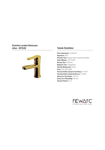 Newarc 971528 Domino Altın Lavabo Bataryası