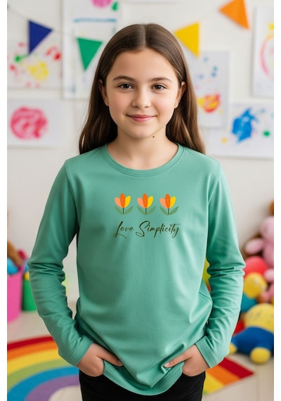Yuvarlak Yaka Çiçek Baskı Detaylı Kız Çocuk Sweatshirt Mint