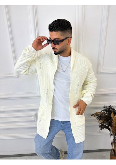 Elku Moda Hırka Örgülü Şal Yaka Cepli Lazer Kesim Yırtık Detaylı Tüylenmez Örgü Triko Hırka Beyaz Elku Moda Hırka Örgülü Şal Yaka Cepli Lazer Kesim Yırtık Detaylı Tüylenmez Örgü Triko Hırka Beyaz