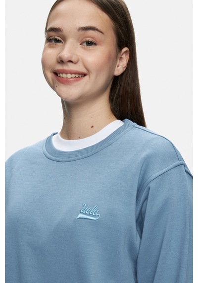 Ucla Sunnıva Mavi Bisiklet Yaka Nakışlı Loose Fit Kadın Sweatshirt Mavi