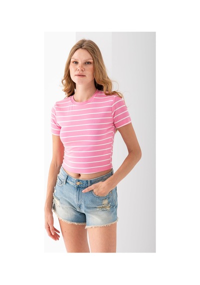 Giysa Kadın Bisiklet Yaka Çizgili Pamuklu Crop T-shirt Pembe Beyaz - 25512 Pembe - Beyaz