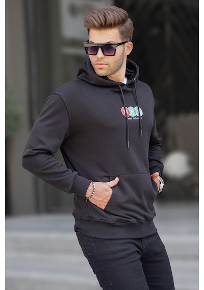 Madmext Siyah Kapüşonlu Nakışlı Erkek Sweatshirt 6145-siyah Siyah