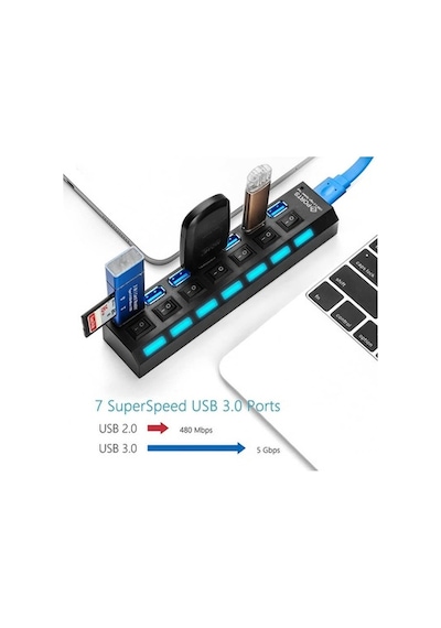 7 Port Usb 3.0 Çoklayıcı Hub Anahtarlı Işıklı On Off Chipli Model (533632142)