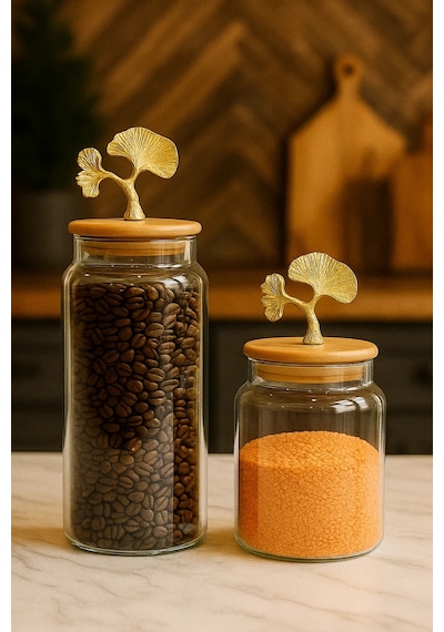 2 Li Altın Metal Ginkgo Figürlü Bambu Kapaklı Cam Kavanoz Saklama Kabı 1400ml + 890 Ml Şeffaf