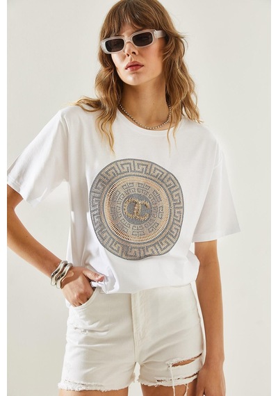 Shade Kadın Bisiklet Yaka Taş Detaylı Basic Penye T-shirt 60251238 - Beyaz