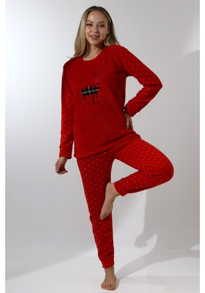 Wordex Fawn 5016 Peluş Welsoft Polar Kışlık Yumoş Geyikli Kadın Pijama Takımı Kırmızı