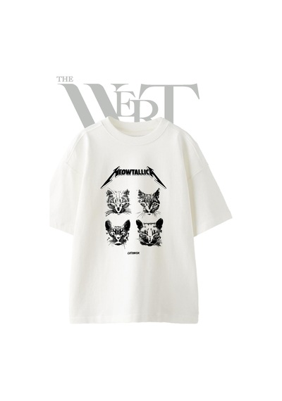 Thewert Metallica Cat Tasarım Baskılı Ünisex Beyaz Oversize T-shirt