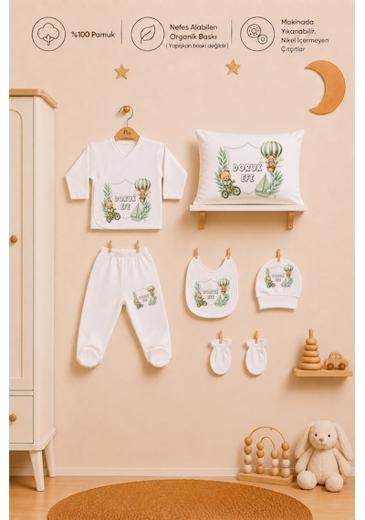 Pia Baby Erkek Bebek 7 Parça Hastane Çıkışı Seti %100 Pamuk Kişiye Özel İsimli Zıbın Set 1042zyb3x Ekru