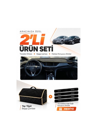 E-biz Opel İnsignia 2017-2026 Uyumlu Torpido Örtüsü + Tay Tüyü Bagaj Çantası - Siyah-bej - Op021