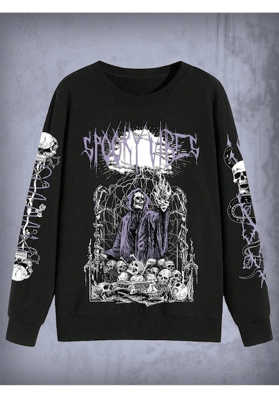 Goth Letter & Skull Print Sweatshirt Siyah Siyah