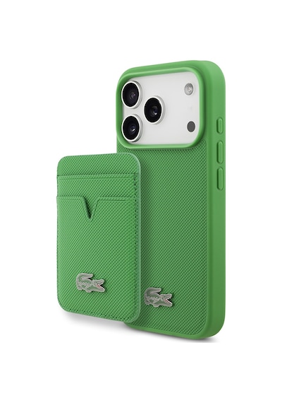 Apple Uyumlu iPhone 17 Pro Kılıf Lacoste Lisanslı M-safeli Pu Pike Desenli Metal Logolu Kartlıklı Kapak Yeşil Yeşil