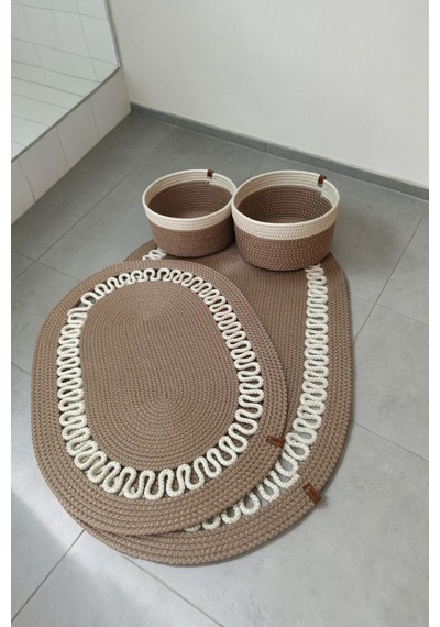 El Yapımı Dekoratif Örgülü Model Banyo Seti 2 Li Paspas 50x80 Ve 40x60 + 2 Organizer Sepet 18x18 Cm Vizon