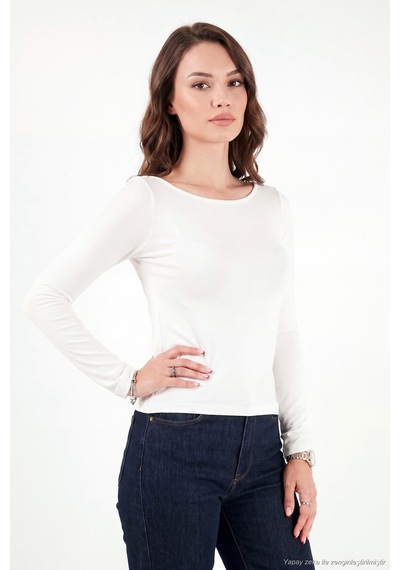 Lela Kayık Yaka Basic Uzun Kollu Bluz Kadın Bluz 5867061 Ekru