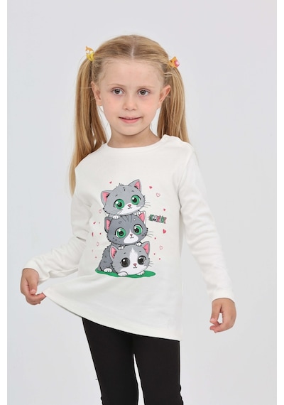 Toontoy Kız Çocuk Üçlü Kedi Baskılı Sweatshirt Ekru
