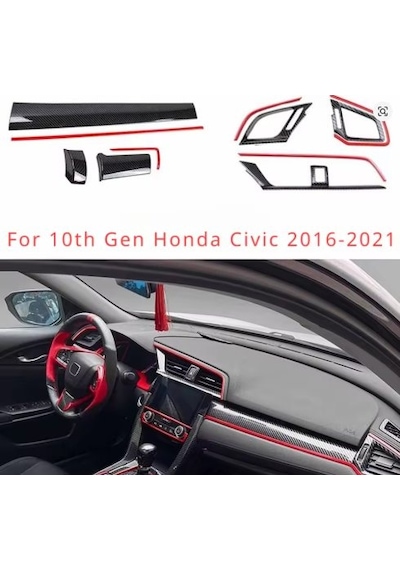 Honda Civic 2016-2021 İçin 10. Nesil Panel Karbon Kaplama 11 Parça Kırmızı Detaylar