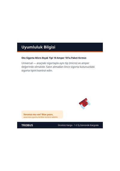 Trobus Oto Sigorta Micro Bıçak Tipi 10 Amper 10'lu Paket Kırmızı Diğer
