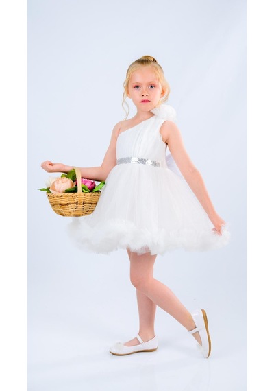 Mnk Baby & Kids Tek Omuz Kız Çocuk Abiye Mnk0599 Beyaz