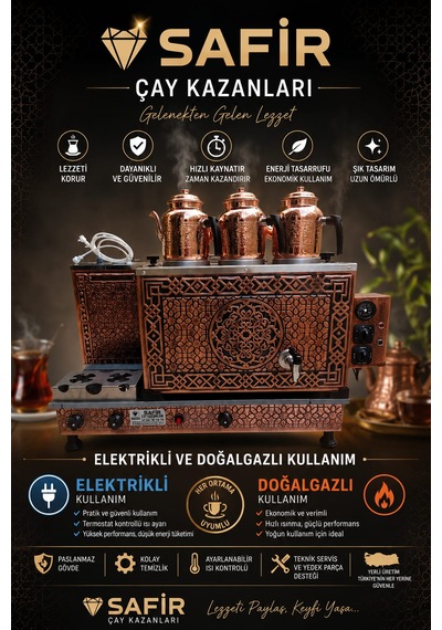 3 Gözlü Bakır Çay Kazanı Elektrik + Doğalgazlı Ce Belgeli Bakır Çay Semaveri Doğalgazlı Güneş Model Bakır Çay Ocağı Kazanı Vip Plus