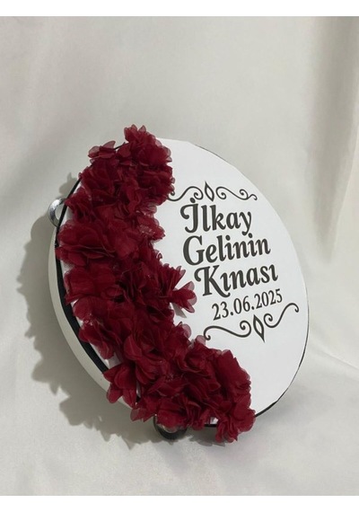 Gelin Tefi 30cm, İsim Ve Tarih Yazılı Yarım Ay Şeklinde Tasarlanmış Kına Tefi Bordo