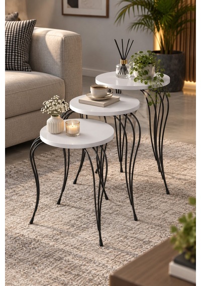 Sulorahome Lükens Metal Ayaklı Beyaz 3'lü Zigon Sehpa Takımı