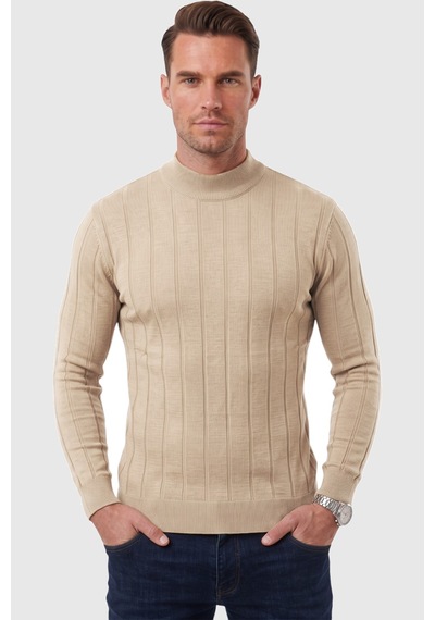 Rizzup Erkek Slim Fit Yarım Balıkçı Yaka Çizgi Dokulu Bej Triko Kazak 2505503