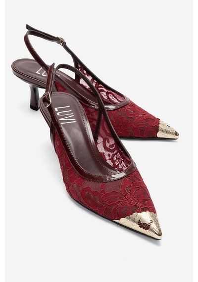 Luvi Shoes Clem Bordo Dantel Detaylı Altın Burunlu Kadın Topuklu Ayakkabı