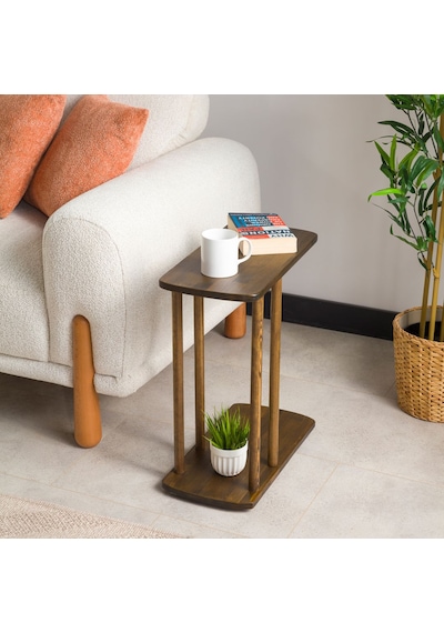 Furnirem Masif Çam Ahşap Modern C Sehpa Koltuk Yanı Yan Sehpa 49x24x55 Cm Koyu Ceviz