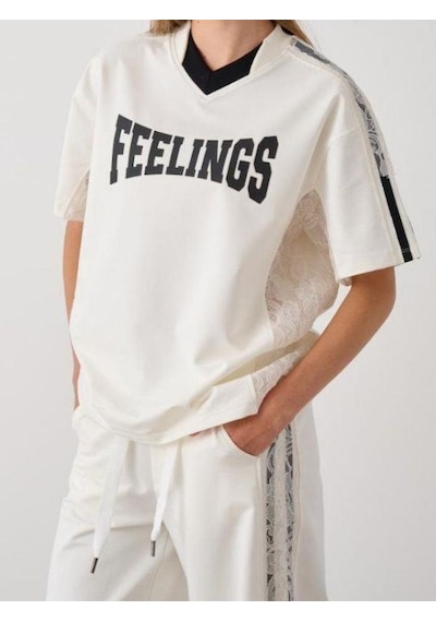 Zekids Kız Çocuk Feelings Baskılı Tshirt Pantolon Tasarım Takım-15516 Ekru