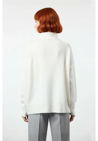 Ersefa Kadın Basic Oversize Dik Yaka Triko Kazak Düşük Kol Uzun Boy Kışl Ekru
