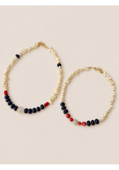 El Yapımı Doğal Taşlı İkili Kolye Beyaz Mercan, Lapis Lazuli, Jasper Ve Ay Taşı Kolye Mavi