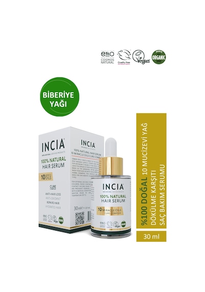 INCIA %100 Doğal Saç Bakım Serumu Biberiye Yağı Saç Dökülmesi Karşıtı 10 Değerli Yağ 30 ML
