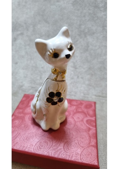 Zirkon Taşlı Emaye Beyaz Kedi Kutu Biblo 001