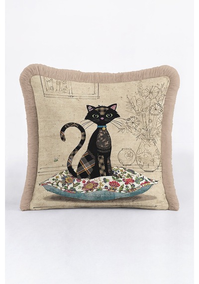 Vintage Patchwork Kedi Saçaklı Yastık Kılıfı - Samimi Country Bej Çiçekli Püsküllü Kırlent Kılıfı Metalik Kumlu Bej Vintage Patchwork Kedi Saçaklı Yastık Kılıfı - Samimi Country Bej Çiçekli Püsküllü Kırlent Kılıfı Metalik Kumlu Bej