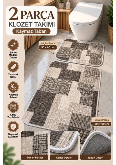 Slc Home Lüx Banyo Seti / Klozet Takımı Kaydırmaz Taban 2 Parça 50cmx60cm Ve 60cmx100cm Makinada Yıkanabilir Gri - Yeşil - 939960422 Gri - Yeşil