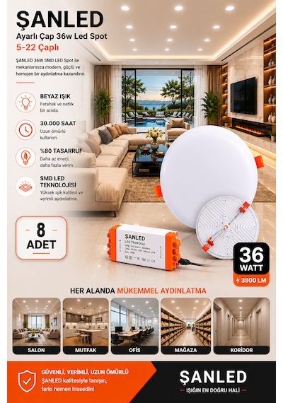 36w Ayarlı Çap Tasarruflu Led Yuvarlak Beyaz Işık Sıva Altı Slim Spot Aydınlatma Armatürü-8 Adettir