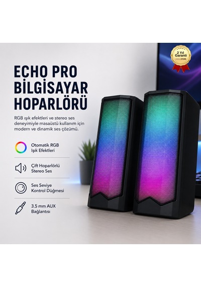 Echo Pro Bilgisayar Hoparlörü Rgb Işıklı Çift Stereo Ses Usb Güç Ve 3.5 Mm Aux Bağlantılı Masaüstü-1707