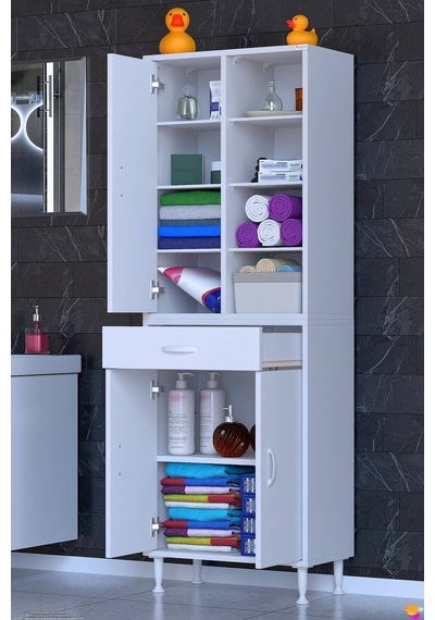 Afra 65 Cm 3 Kapaklı 10 Raflı Ve Çekmeceli Çok Amaçlı Banyo Dolabı Beyaz