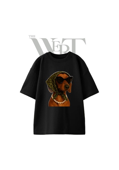 Thewert Dachshund Chic Tasarım Baskılı Ünisex Siyah Oversize T-shirt