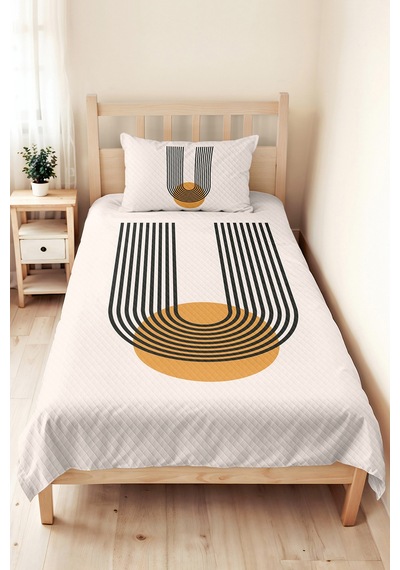 Hardal Geometrik Modern Genç Odası Tek Kişilik Pike Takımı - Siyah 160x220 Cm Kapitone Yatak Örtüsü Keten Doku Gölgesi