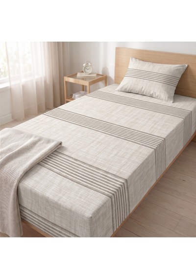 Maki Home %100 Pamuklu Keten Görünümlü Çizgili Açık Bej 120x200 Tek Kişilik Lastikli Çarşaf Seti Minimalist Modern
