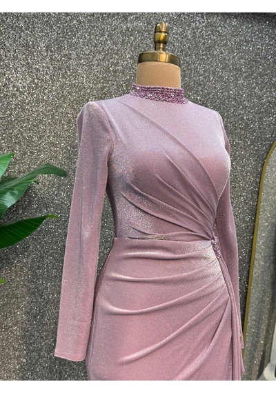 E&a Eren Abiye Uzun Kollu Boncuk Islemelı Elbıse Pembe