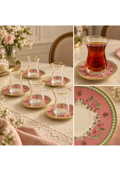 6 Kişilik Çay Seti Çay Bardağı Takımı Pembe Çiçekli Altın Yaldızlı